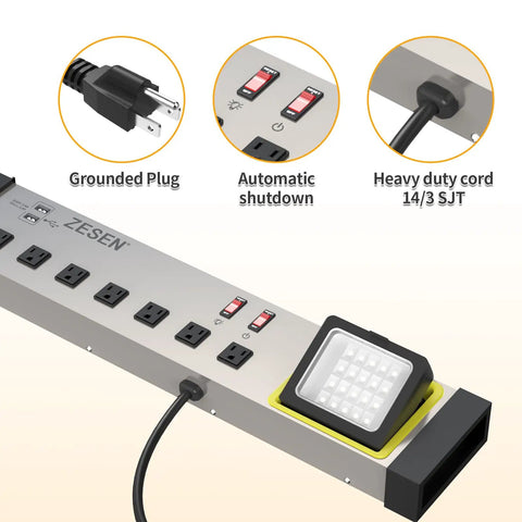 10 Outlet Power Strip With LED Work Light And 4 Foot Cord, Heavy Duty Metal Wall Mount, showing grounded plug and automatic shutdown