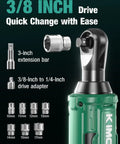 Electric Cordless Ratchet Wrench 3/8 Inch With Beast 89 Ft-Lbs Torque And 400 RPM, Variable Speed, Dual 2.0Ah Batteries, 7 Sockets, 3/8 To 1/4 Inch Adapter, 3 Inch Extension Bar, Fast Charger Kit, 3/8 drive with sockets