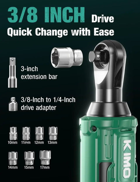 Electric Cordless Ratchet Wrench 3/8 Inch With Beast 89 Ft-Lbs Torque And 400 RPM, Variable Speed, Dual 2.0Ah Batteries, 7 Sockets, 3/8 To 1/4 Inch Adapter, 3 Inch Extension Bar, Fast Charger Kit, 3/8 drive with sockets