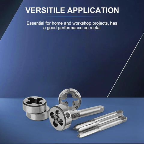 110 Pcs Beefed-Up Metric Tap and Die Set M2-M18 Rethreading Kit displayed with dies and taps against a blue background.