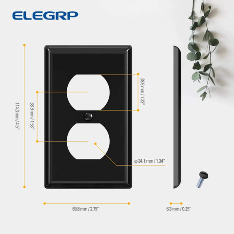 Beefy Polycarbonate Duplex Receptacle Outlet Covers 1 Gang Wall Plates, Glossy Black, side view dimensions and color-matched screw