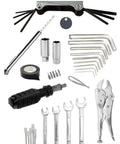 Essenti-Economy Motorcycle Tool Kit for Harley-Davidson and V-Twin Hybrids, shown with tools like wrenches and pliers