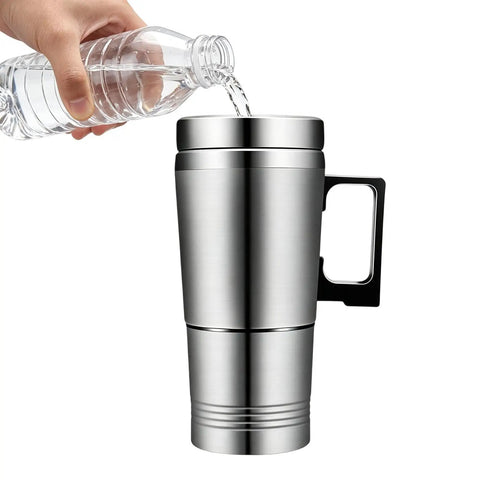 Built Different Twin Voltage Car Kettle That Keeps Your Morning Brew Hot Without The Hassle Featuring Slick Stainless Steel Body For Daily Drivers And Weekend Getaways being filled with water.