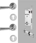 Brass Door Lever Set In Shiny Chrome Finish for interior doors, includes lever handle, keyhole cover, and latch mechanism.