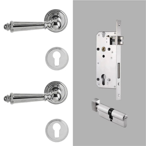 Brass Door Lever Set In Shiny Chrome Finish for interior doors, includes lever handle, keyhole cover, and latch mechanism.
