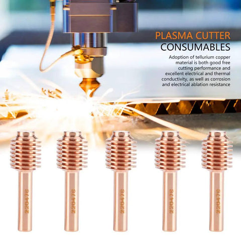 Five copper electrodes and nozzle tips in Ten Piece Plasma Cutter Torch Consumables Kit for metal cutting and conductivity
