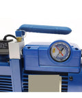 Close-up of Badass Two Stage Rotary Vane Refrigerant Vacuum Pump With Pressure Gauge Hits Four CFM showing pressure gauge and blue handle.
