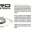 Yard Commander logo with gears and company details highlighting 25 years of experience in lawn and garden equipment design.