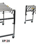 Laguna Xp 20 Inch Heavy Duty Flexible Roller Conveyor Table with Four Inch Locking Casters side view angle for material handling.