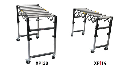 Laguna Xp 20 Inch Heavy Duty Flexible Roller Conveyor Table with Four Inch Locking Casters side view angle for material handling.
