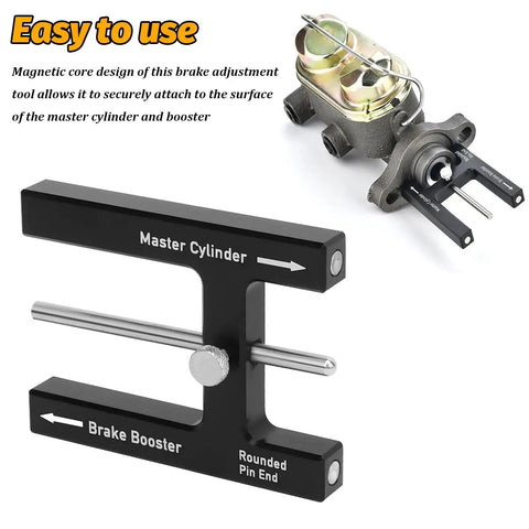 No Fuss Brake Booster Push Rod Adjustment Gauge Tool Machined From Heavy Duty Aluminum for quick pedal play, shown with master cylinder.