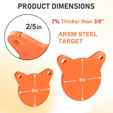 AR500 Steel Targets For Shooting Neon Orange Silhouette Gong Combo Set With Three Eighths Inch Thick Construction, dimensions shown