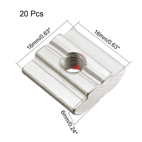 Slick M5 Slide In T Nuts For 3030 Aluminum Profiles half round roll in nut dimensions shown, nickel plated steel, pack of 20.