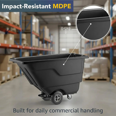 Rugged Build Tilt Truck Dump Cart Boasts Half Cubic Yard Volume And 300 Pound Weight Limit sturdy black MDPE carrier in warehouse.