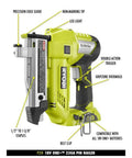 Cordless AirStrike 23-Gauge Pin Nailer, 18-Volt One Plus with LED Light and GRIPZONE Comfort, showing tool and features