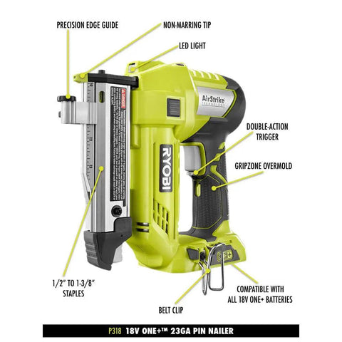Cordless AirStrike 23-Gauge Pin Nailer, 18-Volt One Plus with LED Light and GRIPZONE Comfort, showing tool and features