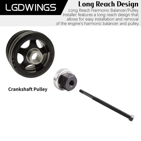 Long Reach Harmonic Balancer Installer Kit For Ford Crankshaft Pulleys 5 Piece Pulley Puller Set with pulley and bolt shown