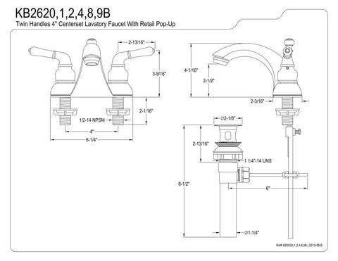 Technical diagram of Naples 4-Inch Centerset Lavatory Faucet With Brass Pop-Up Drain, Polished Chrome And Polished Brass Finish, dimensions shown.