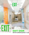 Two Pack Green LED Exit Sign With Emergency Lights And Battery Backup, Adjustable Head Lamps in hallway
