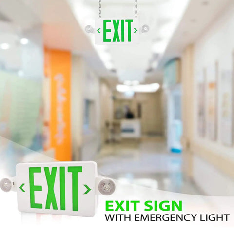 Two Pack Green LED Exit Sign With Emergency Lights And Battery Backup, Adjustable Head Lamps in hallway