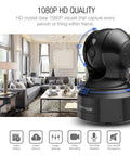 Indoor Wireless Security Camera 1080P with Alexa, shown in a living room with pan tilt feature highlighted, dark finish.