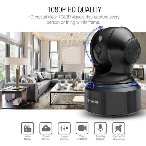 Indoor Wireless Security Camera 1080P with Alexa, shown in a living room with pan tilt feature highlighted, dark finish.
