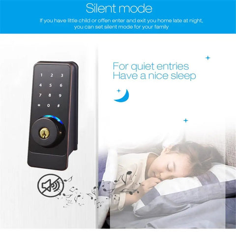 Keep Your Spot Secure Waterproof Smart Door Lock Featuring Sleek Tilted Keypad And Foolproof Fingerprint Scanner With Mobile App Remote Control For Zero Hassle Home Security And Smooth Nighttime Privacy in silent mode with sleeping child.