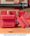 Heavy Duty Woodworking Clamp Pads 12 Pack Shield Boards From Nasty Glue Residue And Dent Marks Universal Fit On Bar And Pipe Clamps Keeps Your Workshop Projects Looking Crisp No Sweat, red resin pads shown.