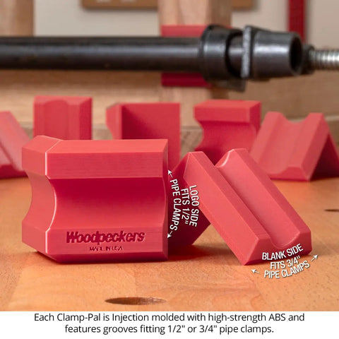 Heavy Duty Woodworking Clamp Pads 12 Pack Shield Boards From Nasty Glue Residue And Dent Marks Universal Fit On Bar And Pipe Clamps Keeps Your Workshop Projects Looking Crisp No Sweat, red resin pads shown.