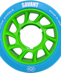 Savant Derby Quad Skate Wheels 91A Blue Green Urethane With Oversized Core For Lighter Weight And Smoother Spins, front view.
