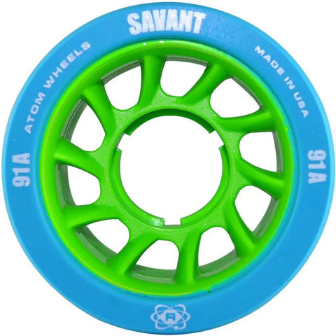 Savant Derby Quad Skate Wheels 91A Blue Green Urethane With Oversized Core For Lighter Weight And Smoother Spins, front view.