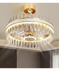 Super Sleek Modern Led Crystal Ceiling Fan Light Offering Easy Three Color Temperature Swaps, featuring clear prisms and gold details.