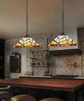 Tiffany Style Pendant Light 12 Inch Wide Amber Cream Stained Glass Shade With Adjustable Chain Hanging Lamp in kitchen