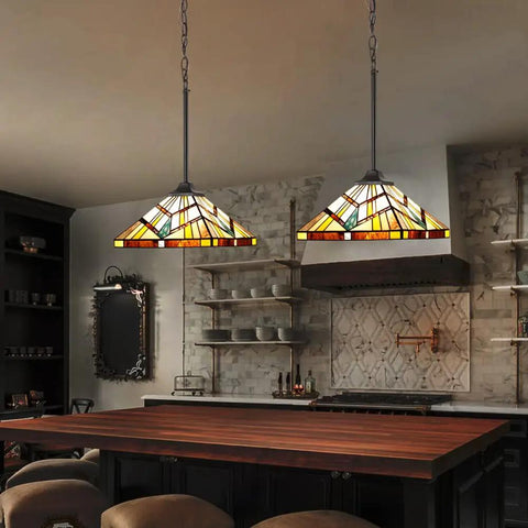 Tiffany Style Pendant Light 12 Inch Wide Amber Cream Stained Glass Shade With Adjustable Chain Hanging Lamp in kitchen