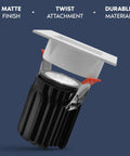 Top Shelf 3 Inch LED Recessed Spotlight Featuring Square White Interchangeable Trim, with twist attachment and matte finish.