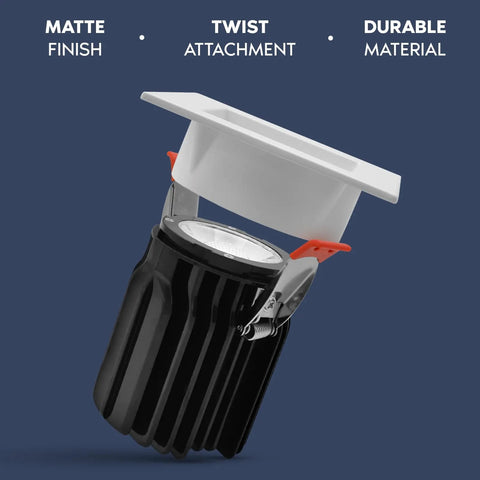 Top Shelf 3 Inch LED Recessed Spotlight Featuring Square White Interchangeable Trim, with twist attachment and matte finish.
