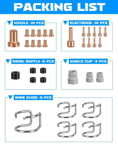 Pro-Grade Plasma Cutter Torch Consumables Kit For 65L Series, 33-Piece Set with electrodes, nozzles, shield cups, baffles, guides
