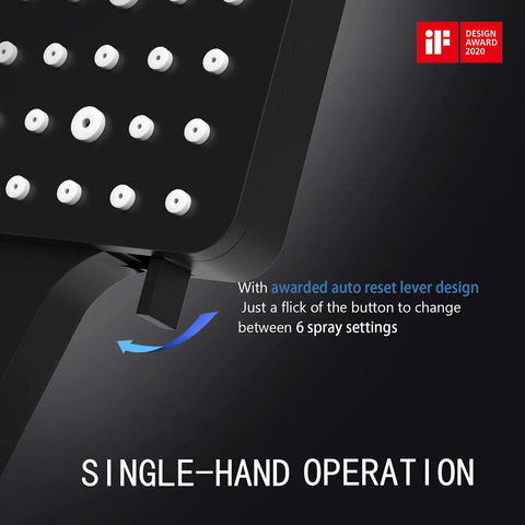 Close-up of high pressure shower head with handheld detachable system, showcasing spray modes and black matte finish
