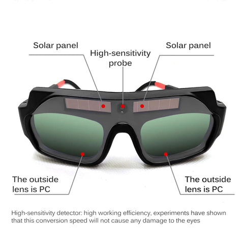 Heavy Duty Solar Powered Welding Goggles With Automatic Darkening True Color Anti Glare Lenses For Plasma Cutting Grind Jobs, displaying solar panels and high-sensitivity probe.