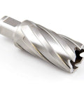Close-up of a Nine Sixteenth By Two Inch Annular Cutter For Magnetic Drills HSS M2 High Speed Steel with Weldon Shank and two flats.