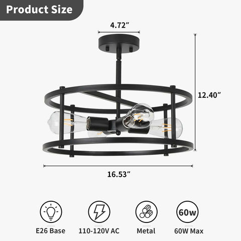 Black Semi Flush Mount Ceiling Light With Four Lights For Dining Room Kitchen And Bedroom Dope Vintage Farmhouse Industrial Close To Ceiling Chandelier For Sloped Ceilings Durable Metal Fixture showing dimensions