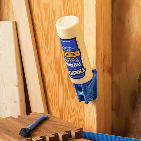 Upside Down Glue Bottle Dock Station With One Handed Access For 4oz 8oz And 16oz Bottles, Built In Opener, mounted on wood