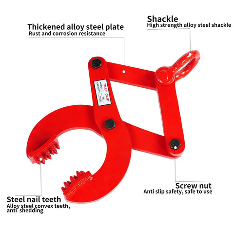 Beefy 1 Ton Pallet Puller Clamp With 5 Inch Opening, Heavy Duty Pallet Grabber Hoist, 2205 Lbs Capacity, 45 Steel With Powder Coating, Corrosion Resistant, Ideal For Lifting, Grabbing, And Moving Pallets, red steel clamp with shackle
