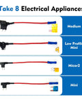Tailgate Ready 8 Pack Car Fuse Tap Adapters For 12 Volt Electrical Systems, Mini Low Profile Micro 2 Ato Add Circuit Double Slot Wiring Harness Kit Garage Rated And Heat Resistant For Trucks Boats Rv Power Mods shown in various sizes.