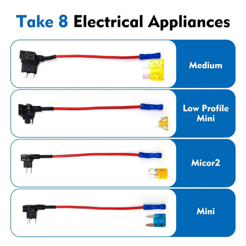 Tailgate Ready 8 Pack Car Fuse Tap Adapters For 12 Volt Electrical Systems, Mini Low Profile Micro 2 Ato Add Circuit Double Slot Wiring Harness Kit Garage Rated And Heat Resistant For Trucks Boats Rv Power Mods shown in various sizes.