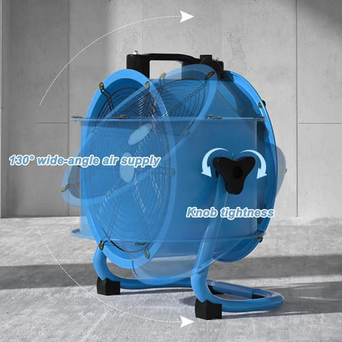 Workhorse Grade 220V Industrial Floor Fan Three Speed Settings 130 Degree Oscillating Design Heavy Duty Steel Mesh Guard Includes 110V Converter For Workshop Cooling shown in blue with wide-angle air supply feature.