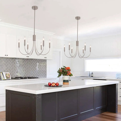 Two Modern Farmhouse Chandelier For Dining Room, Six Lights Dope Vintage Style Brushed Nickel Hanging Light Fixture over kitchen island