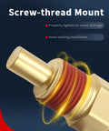 Close-up of engine coolant temperature sensor with screw-thread mount, gold metal body and red gasket.
