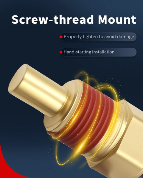 Close-up of engine coolant temperature sensor with screw-thread mount, gold metal body and red gasket.