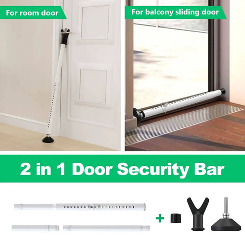 Adjustable Security Door Stop Bar With Interchangeable Caps And Rubber Tips, showing use on room and sliding doors in a white color